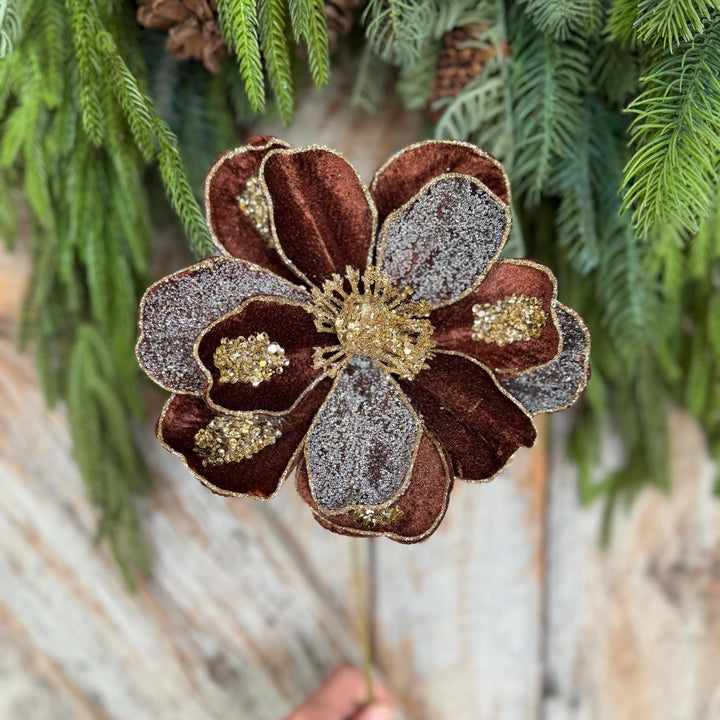 20" Chocolate Brown Magnolia Flower, Christmas Magnolia Spray