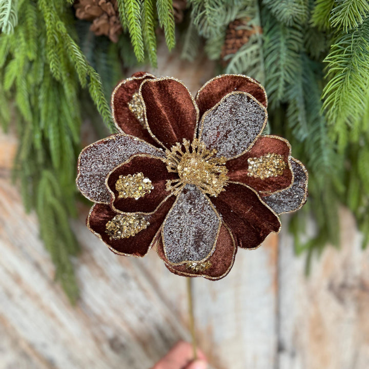 20" Chocolate Brown Magnolia Flower, Christmas Magnolia Spray