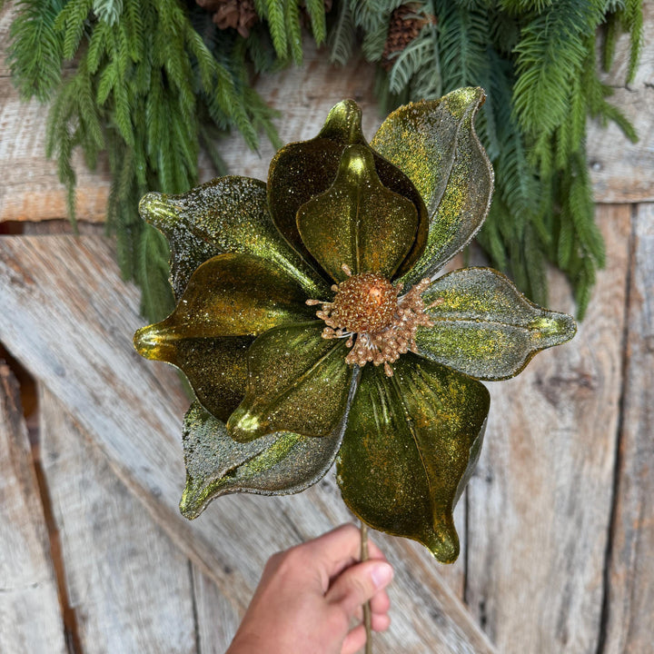 23" Forest Green Velvet Magnolia, Christmas Magnolia, Faux Magnolia Stem, Glitz Magnolia, Green Christmas Floral, Christmas Tree Floral