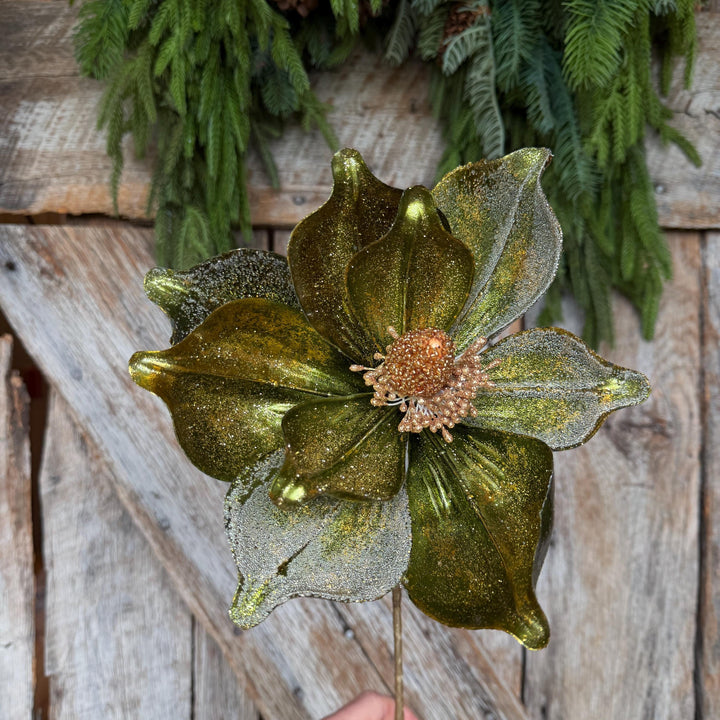 23" Forest Green Velvet Magnolia, Christmas Magnolia, Faux Magnolia Stem, Glitz Magnolia, Green Christmas Floral, Christmas Tree Floral