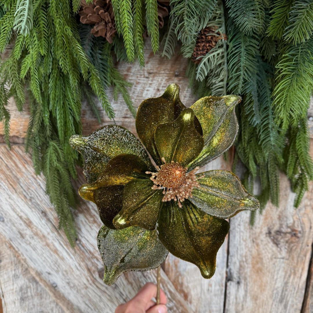 23" Forest Green Velvet Magnolia, Christmas Magnolia, Faux Magnolia Stem, Glitz Magnolia, Green Christmas Floral, Christmas Tree Floral