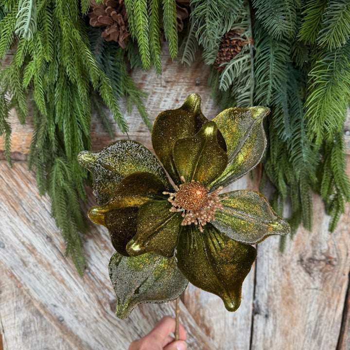 23" Forest Green Velvet Magnolia, Christmas Magnolia, Faux Magnolia Stem, Glitz Magnolia, Green Christmas Floral, Christmas Tree Floral