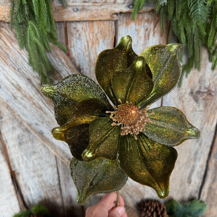 23" Forest Green Velvet Magnolia, Christmas Magnolia, Faux Magnolia Stem, Glitz Magnolia, Green Christmas Floral, Christmas Tree Floral