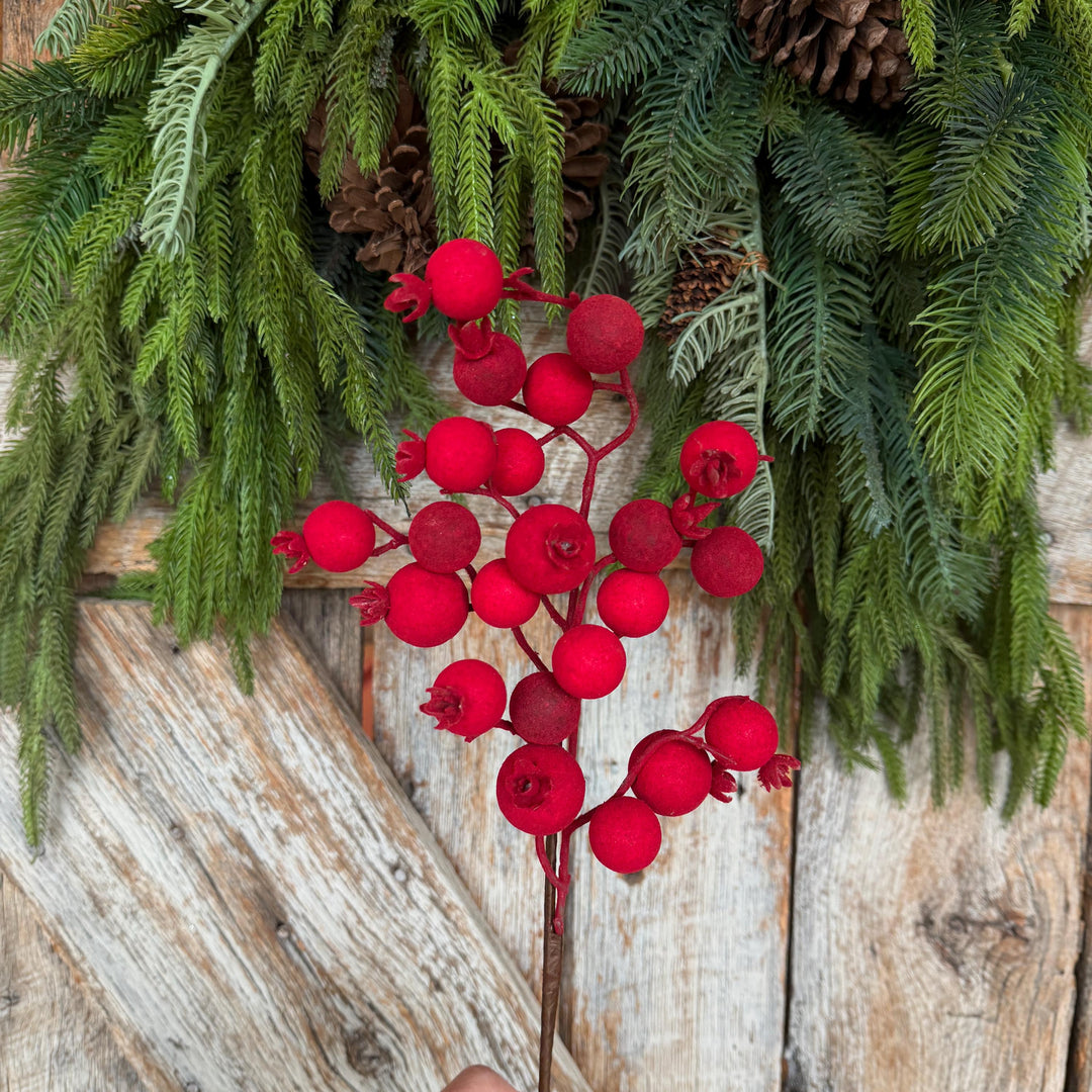 17" Red Flocked Berry Spray, Christmas Berry Spray