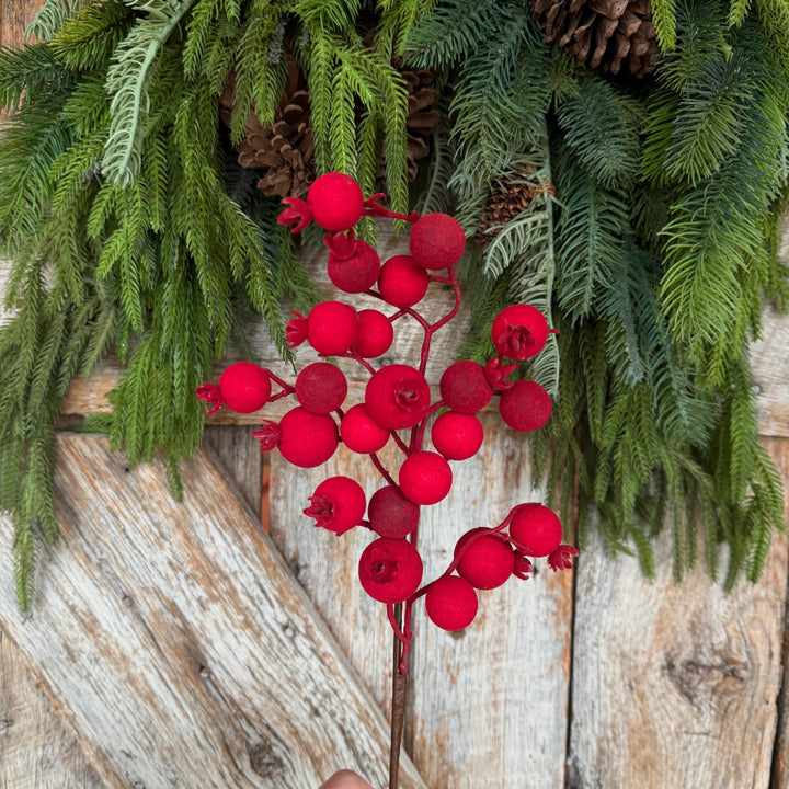17" Red Flocked Berry Spray, Christmas Berry Spray
