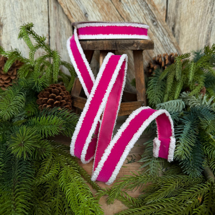 1" Hot Pink Santa Trim Ribbon, Fuzzy Border Ribbon, Santa trim ribbon