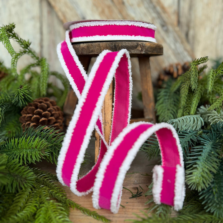 1" Hot Pink Santa Trim Ribbon, Fuzzy Border Ribbon, Santa trim ribbon