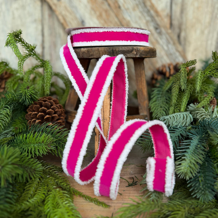 1" Hot Pink Santa Trim Ribbon, Fuzzy Border Ribbon, Santa trim ribbon