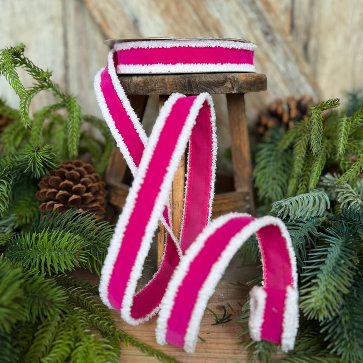 1" Hot Pink Santa Trim Ribbon, Fuzzy Border Ribbon, Santa trim ribbon