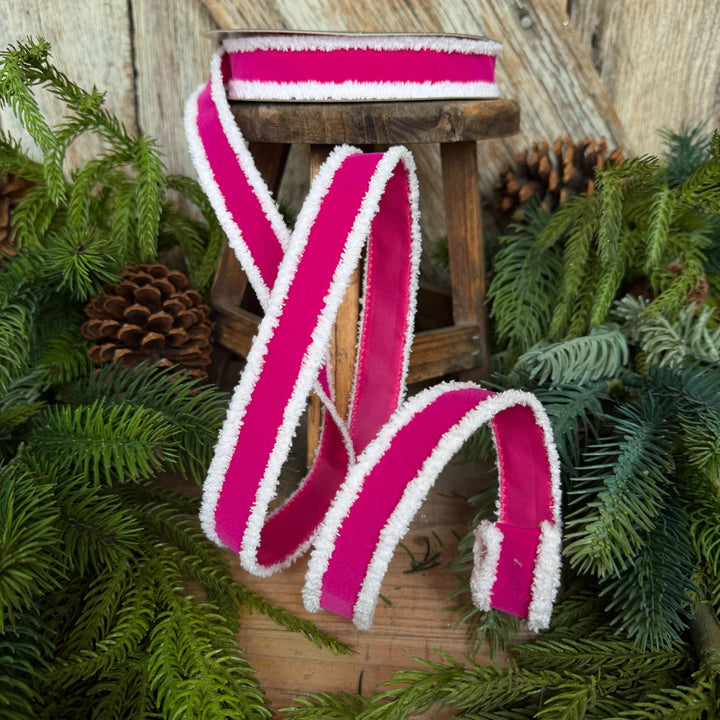 1" Hot Pink Santa Trim Ribbon, Fuzzy Border Ribbon, Santa trim ribbon