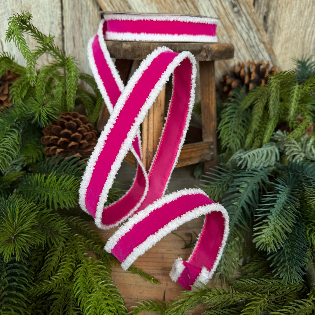 1" Hot Pink Santa Trim Ribbon, Fuzzy Border Ribbon, Santa trim ribbon