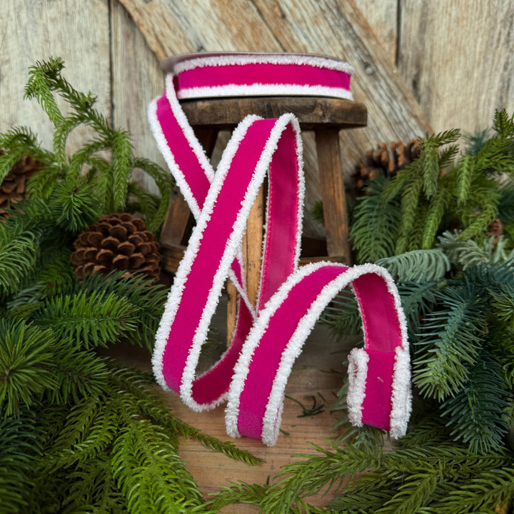 1" Hot Pink Santa Trim Ribbon, Fuzzy Border Ribbon, Santa trim ribbon