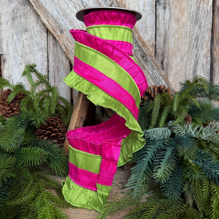4.5" Hot Pink Ruffle Ribbon, Hot Pink and Lime Stripe Ribbon, Christmas Ribbon
