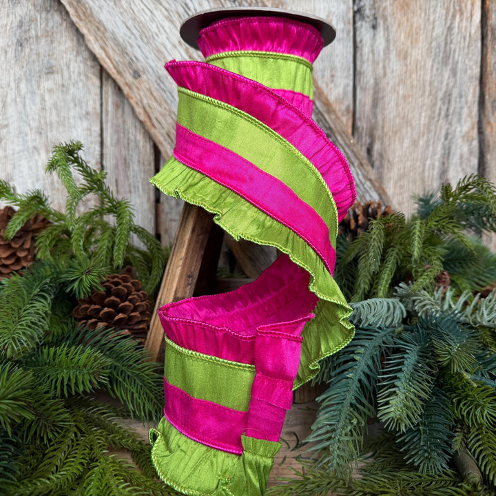4.5" Hot Pink Ruffle Ribbon, Hot Pink and Lime Stripe Ribbon, Christmas Ribbon