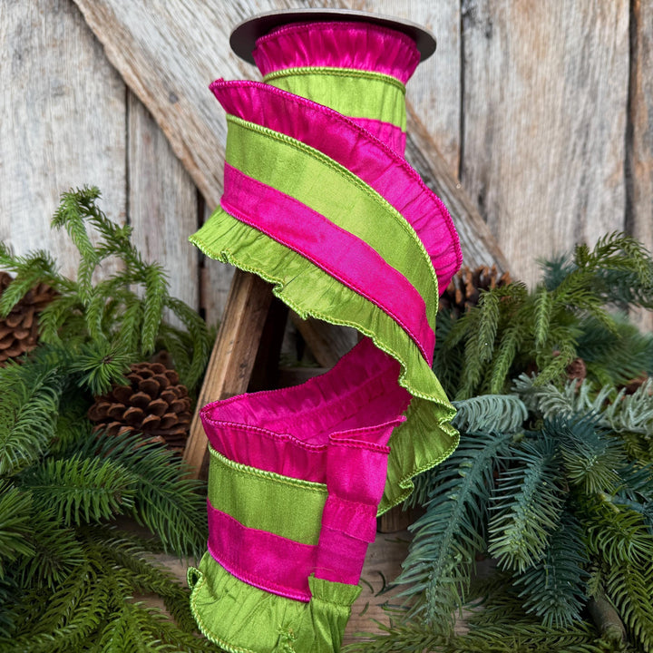 4.5" Hot Pink Ruffle Ribbon, Hot Pink and Lime Stripe Ribbon, Christmas Ribbon