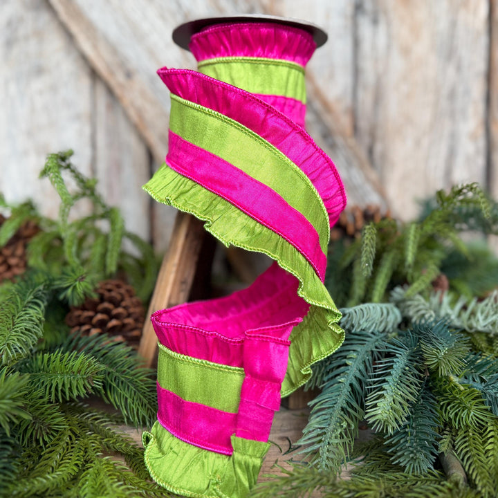 4.5" Hot Pink Ruffle Ribbon, Hot Pink and Lime Stripe Ribbon, Christmas Ribbon