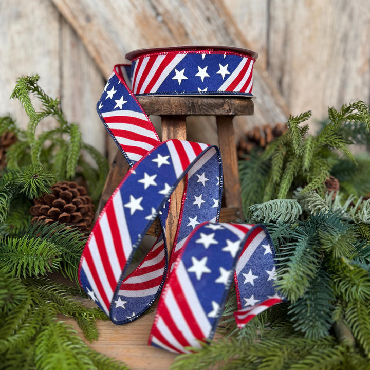 1.5" Stars and Stripes Patriotic Ribbon by Farrisilk, Patriotic Wired Ribbon, American Ribbon, 4th of July ribbon, Americana Decor