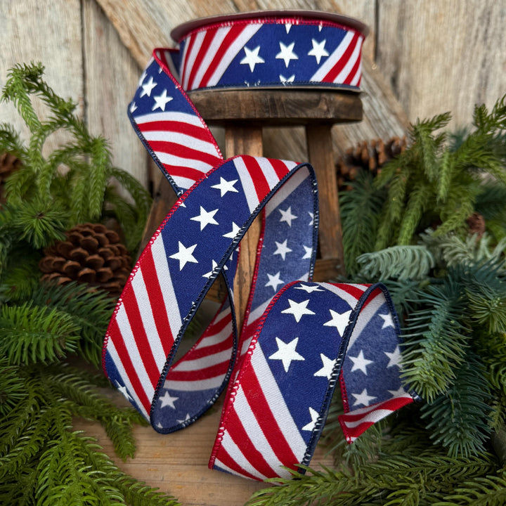 1.5" Stars and Stripes Patriotic Ribbon by Farrisilk, Patriotic Wired Ribbon, American Ribbon, 4th of July ribbon, Americana Decor