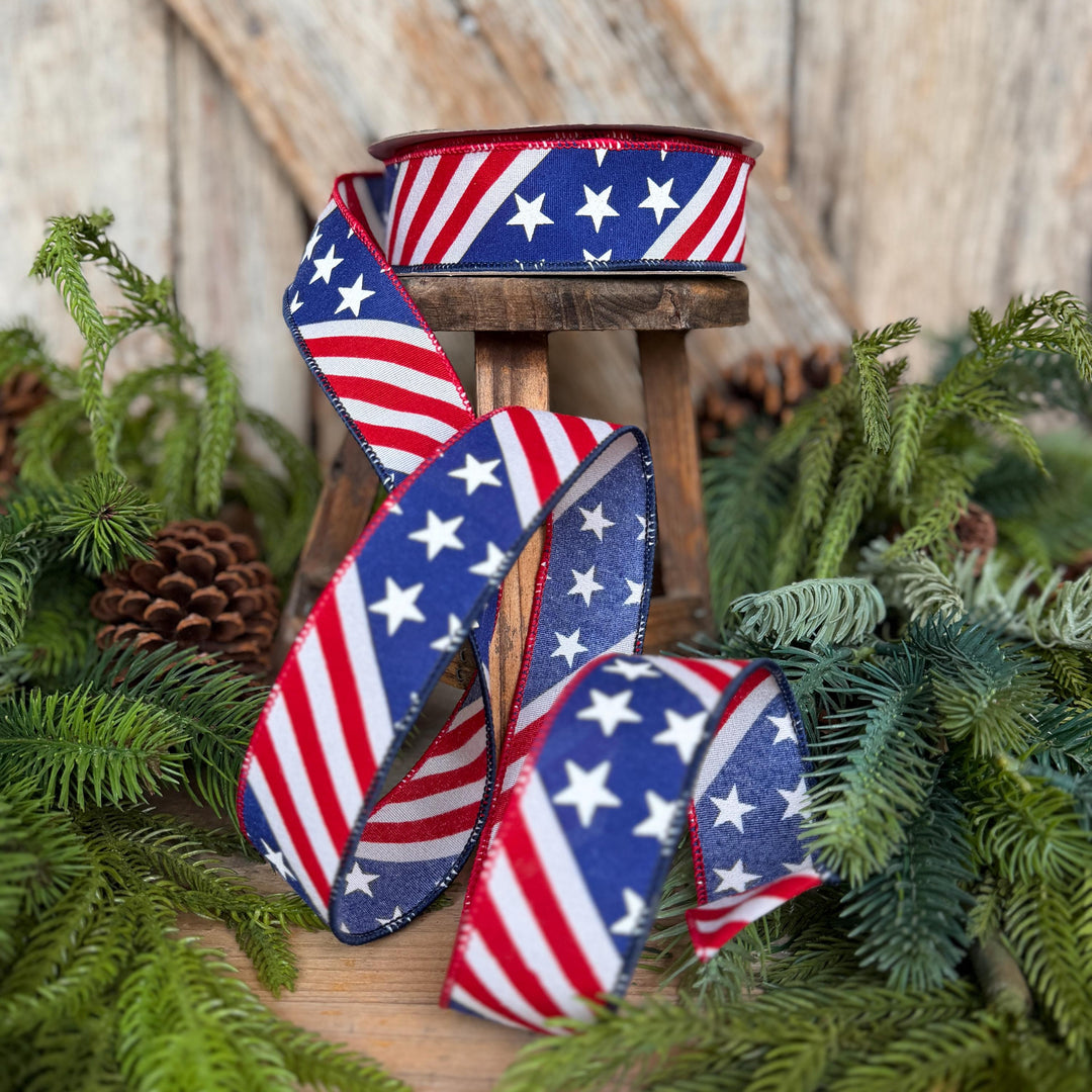 1.5" Stars and Stripes Patriotic Ribbon by Farrisilk, Patriotic Wired Ribbon, American Ribbon, 4th of July ribbon, Americana Decor