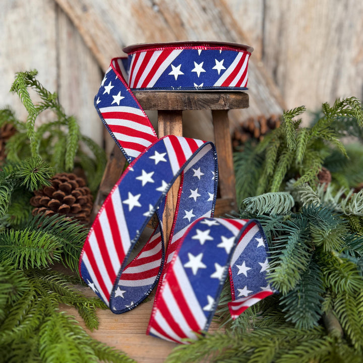 1.5" Stars and Stripes Patriotic Ribbon by Farrisilk, Patriotic Wired Ribbon, American Ribbon, 4th of July ribbon, Americana Decor