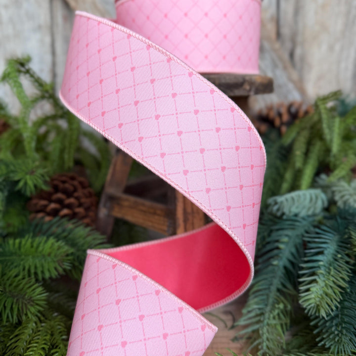 2.5" Pink Heart Lattice Ribbon, Farrsilk Ribbon, Valentine Ribbon, Pink Heart Ribbon, Light Pink Ribbon, RS068-14
