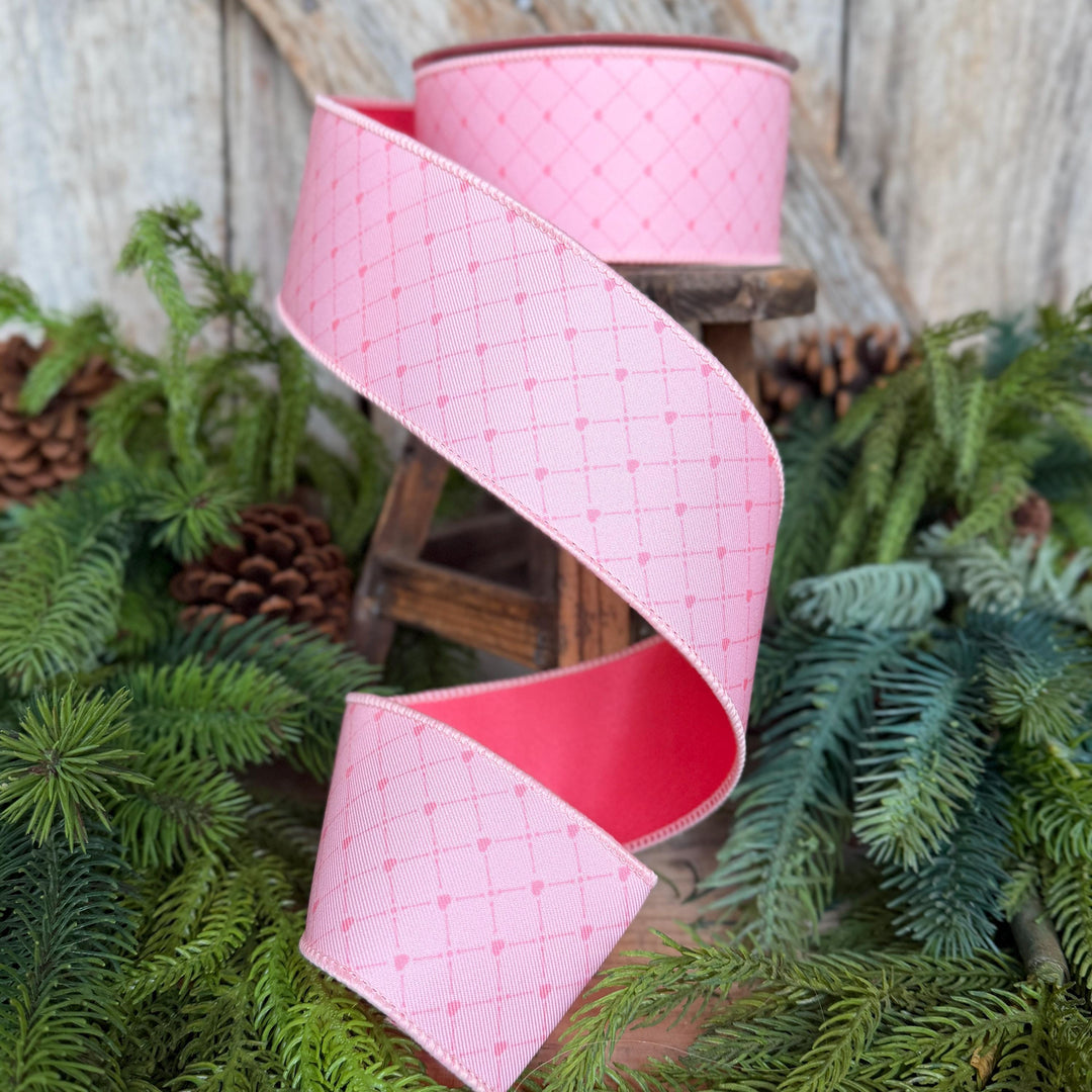 2.5" Pink Heart Lattice Ribbon, Farrsilk Ribbon, Valentine Ribbon, Pink Heart Ribbon, Light Pink Ribbon, RS068-14