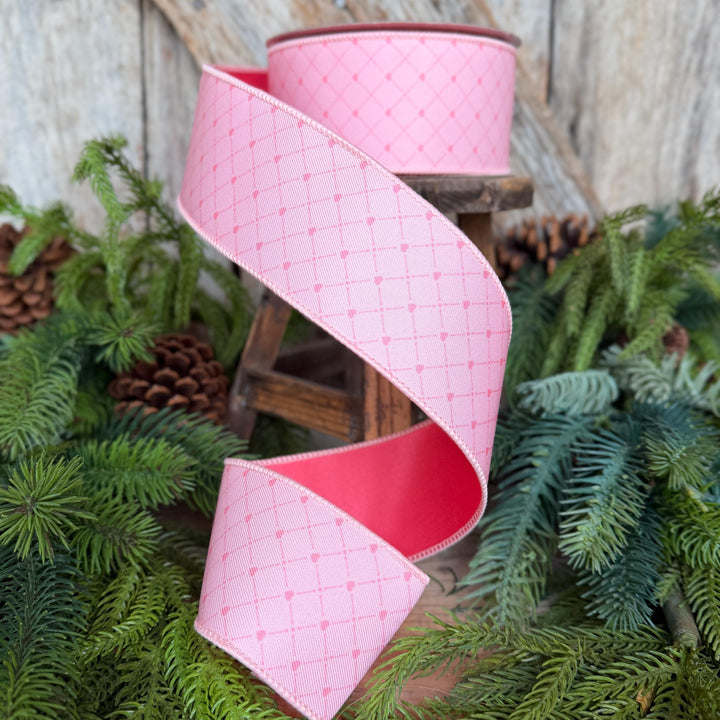 2.5" Pink Heart Lattice Ribbon, Farrsilk Ribbon, Valentine Ribbon, Pink Heart Ribbon, Light Pink Ribbon, RS068-14