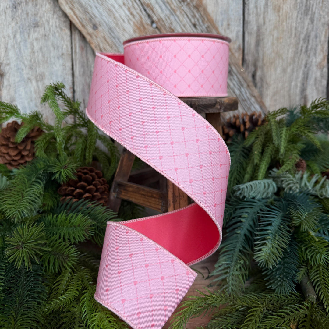2.5" Pink Heart Lattice Ribbon, Farrsilk Ribbon, Valentine Ribbon, Pink Heart Ribbon, Light Pink Ribbon, RS068-14