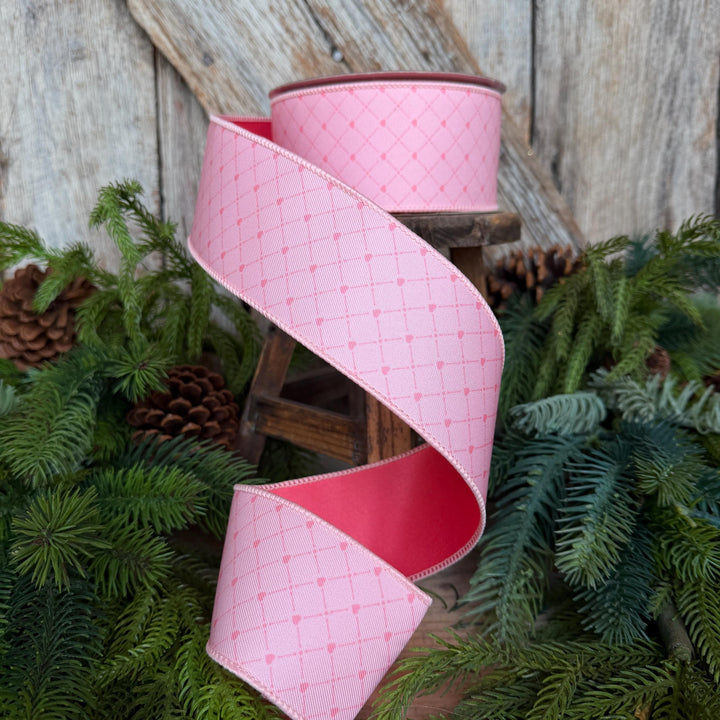 2.5" Pink Heart Lattice Ribbon, Farrsilk Ribbon, Valentine Ribbon, Pink Heart Ribbon, Light Pink Ribbon, RS068-14