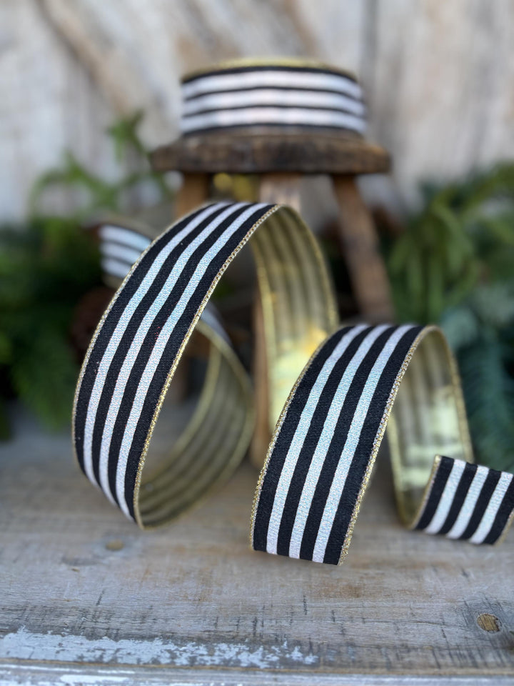 1.5" Black and White Stripe Ribbon, Cabana Stripe Ribbon