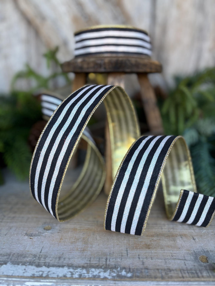 1.5" Black and White Stripe Ribbon, Cabana Stripe Ribbon