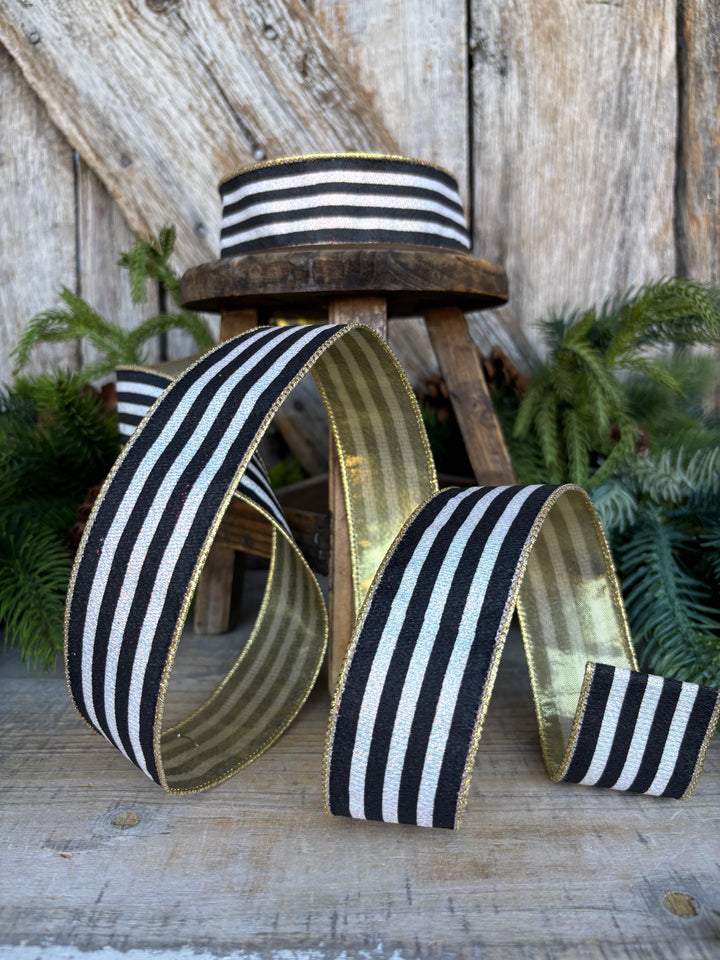 1.5" Black and White Stripe Ribbon, Cabana Stripe Ribbon