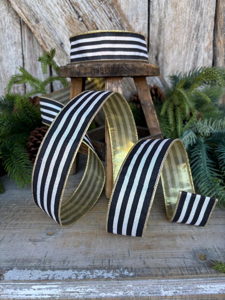 1.5" Black and White Stripe Ribbon, Cabana Stripe Ribbon