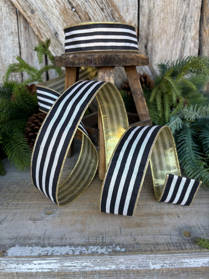 1.5" Black and White Stripe Ribbon, Cabana Stripe Ribbon