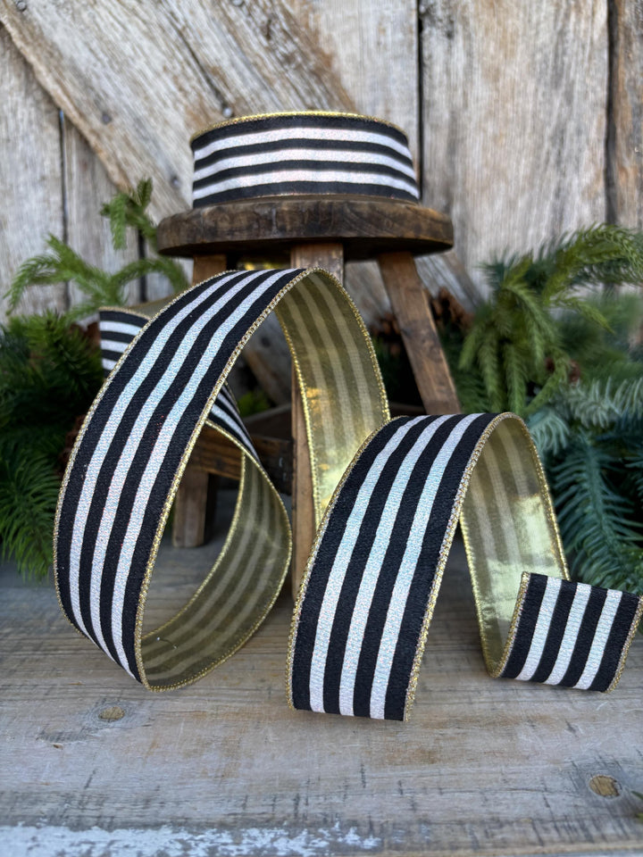 1.5" Black and White Stripe Ribbon, Cabana Stripe Ribbon