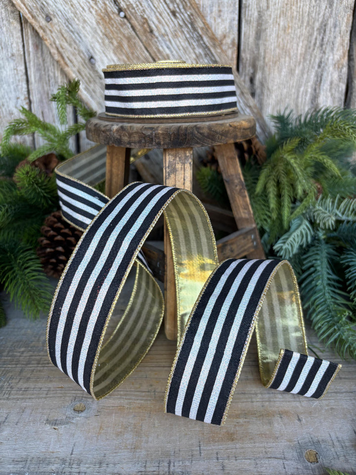 1.5" Black and White Stripe Ribbon, Cabana Stripe Ribbon