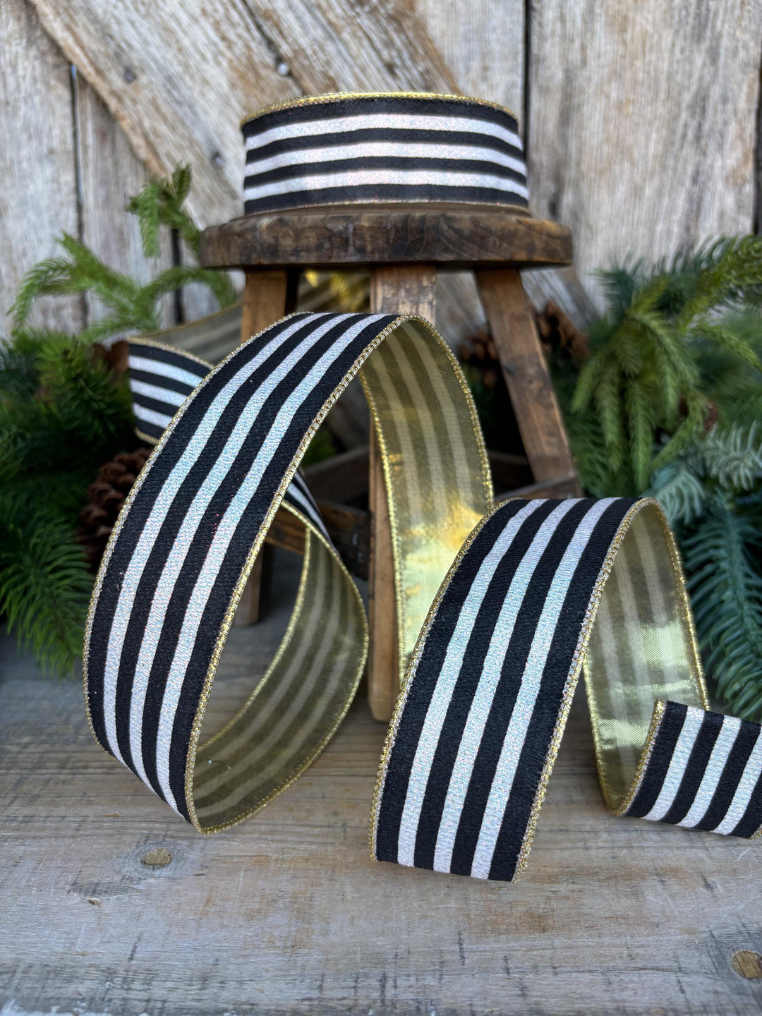 1.5" Black and White Stripe Ribbon, Cabana Stripe Ribbon