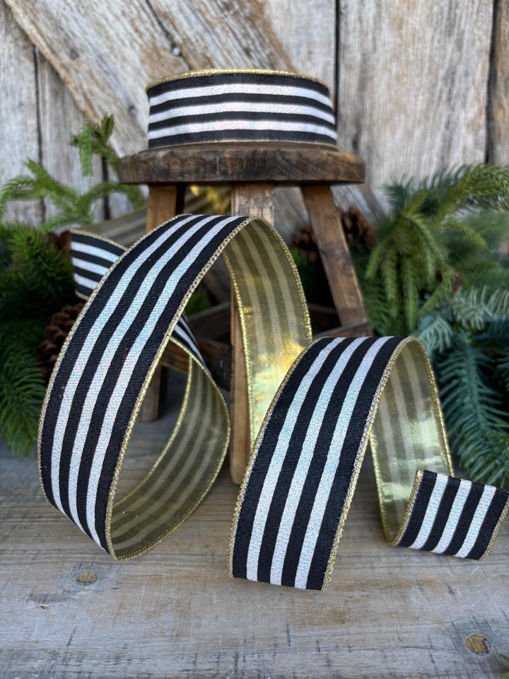 1.5" Black and White Stripe Ribbon, Cabana Stripe Ribbon