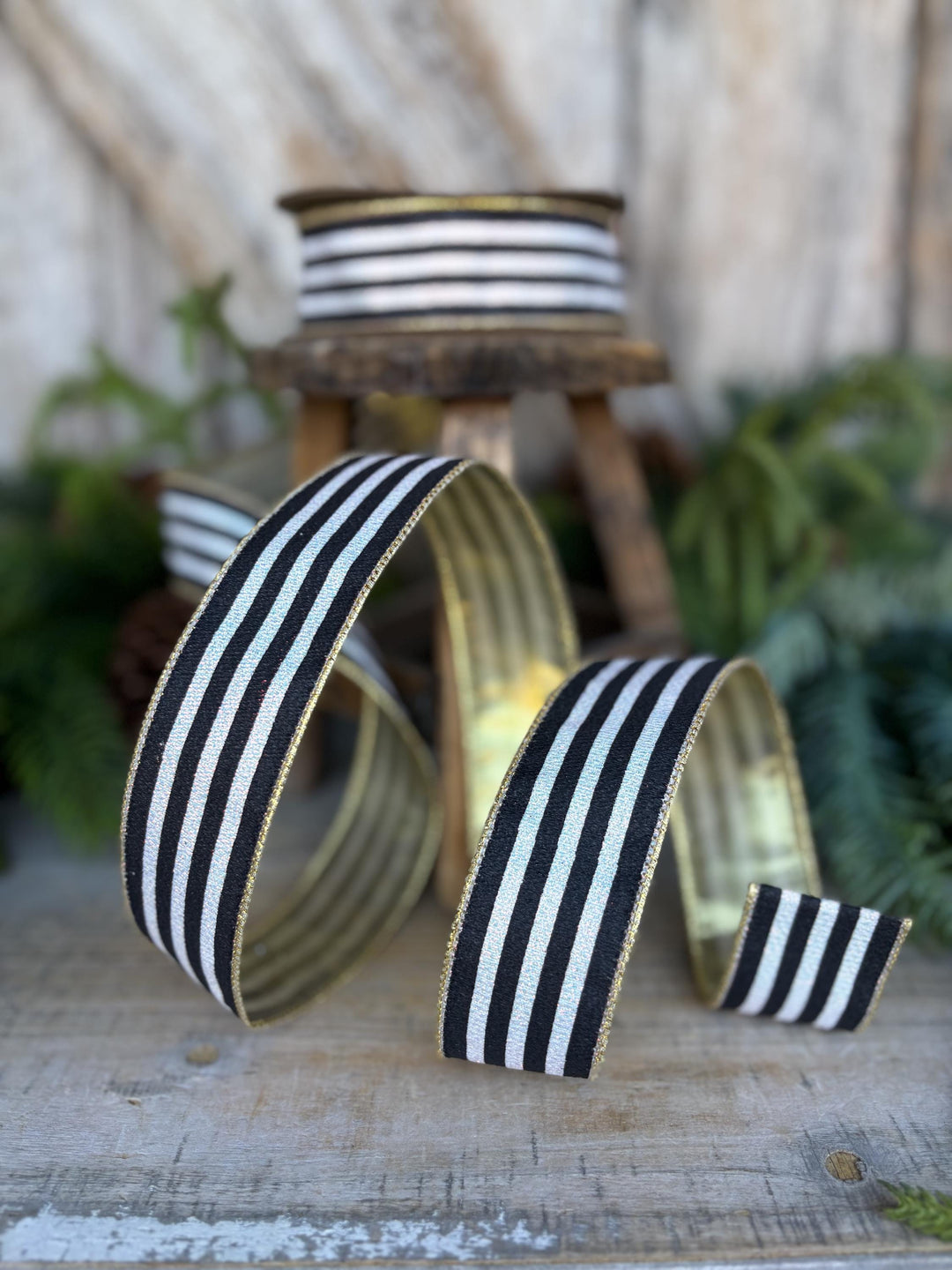 1.5" Black and White Stripe Ribbon, Cabana Stripe Ribbon