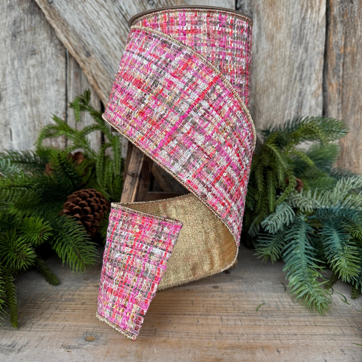 4" Pink Tweed Ribbon, Farrisilk Haute Tweed Ribbon, Christmas Ribbon