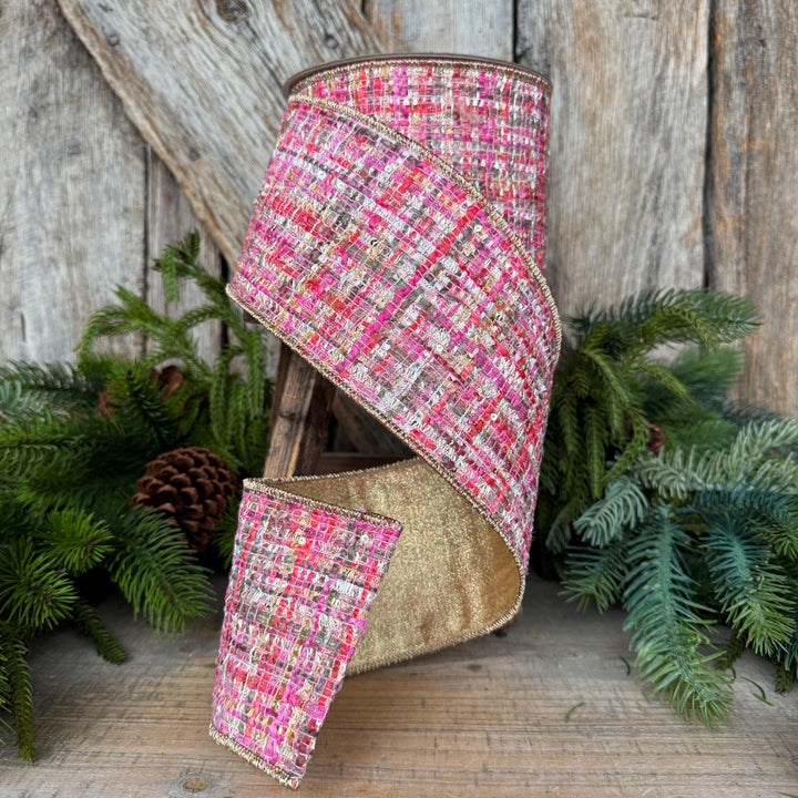 4" Pink Tweed Ribbon, Farrisilk Haute Tweed Ribbon, Christmas Ribbon