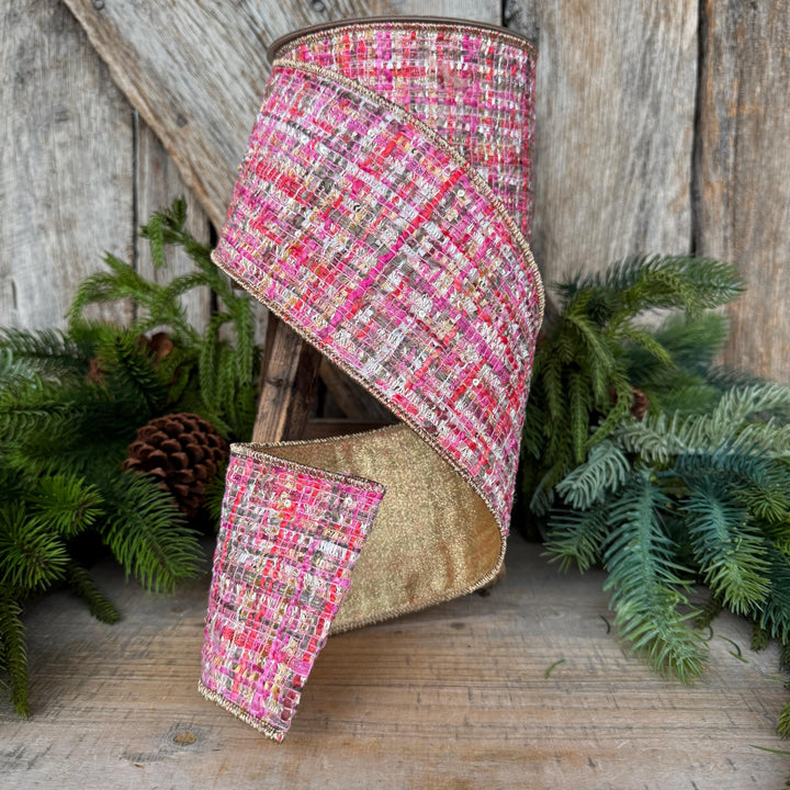 4" Pink Tweed Ribbon, Farrisilk Haute Tweed Ribbon, Christmas Ribbon