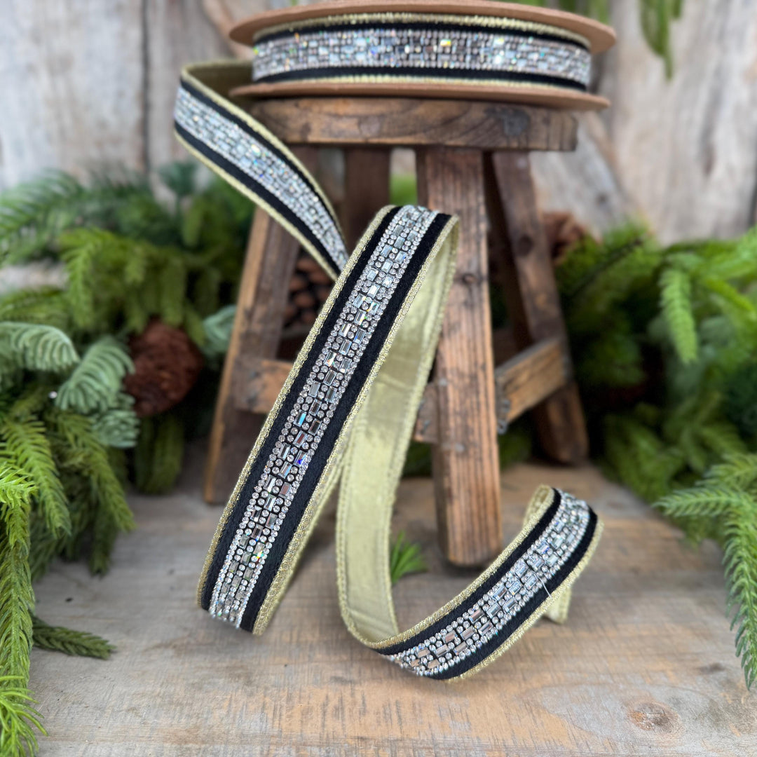 1” Black Velvet Diamond Accent Wired Ribbon, Gold Shimmer Backing, 10 Yard Roll