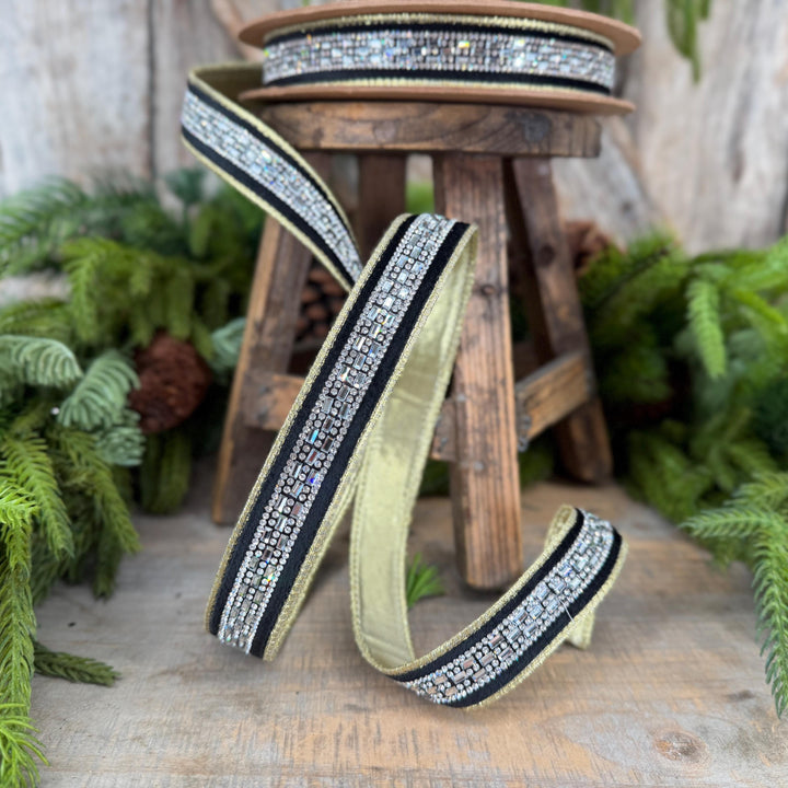 1” Black Velvet Diamond Accent Wired Ribbon, Gold Shimmer Backing, 10 Yard Roll