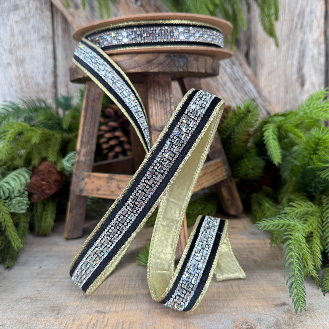 1” Black Velvet Diamond Accent Wired Ribbon, Gold Shimmer Backing