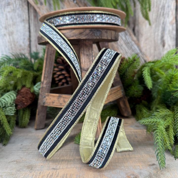 1” Black Velvet Diamond Accent Wired Ribbon, Gold Shimmer Backing