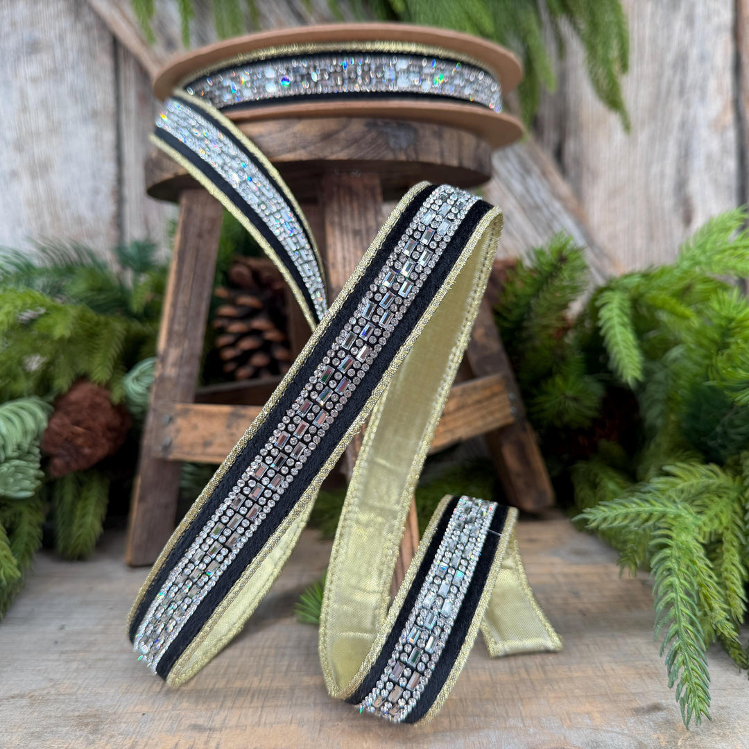 1” Black Velvet Diamond Accent Wired Ribbon, Gold Shimmer Backing, 10 Yard Roll