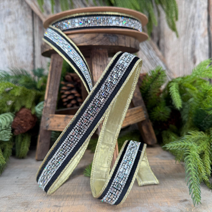 1” Black Velvet Diamond Accent Wired Ribbon, Gold Shimmer Backing, 10 Yard Roll