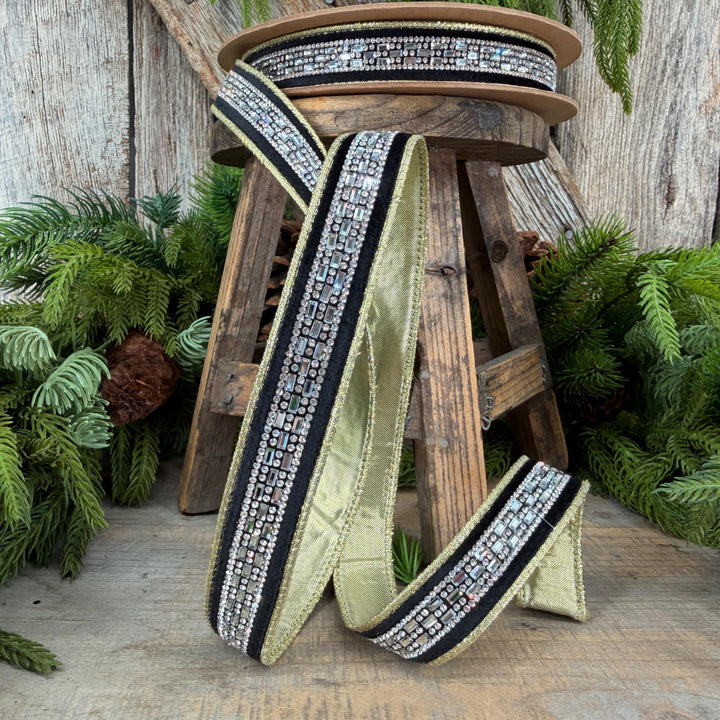 1” Black Velvet Diamond Accent Wired Ribbon, Gold Shimmer Backing, 10 Yard Roll