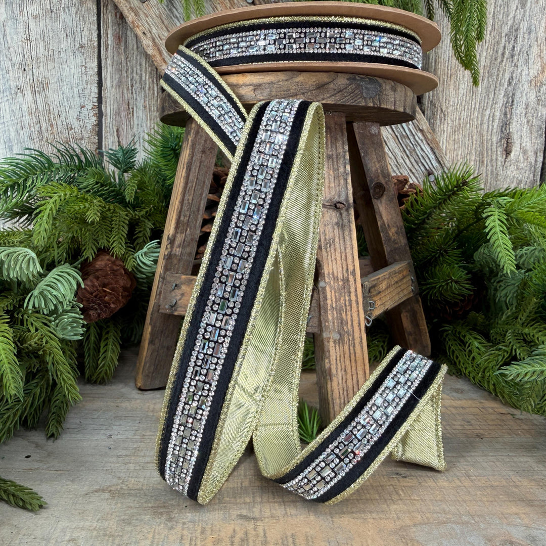 1” Black Velvet Diamond Accent Wired Ribbon, Gold Shimmer Backing